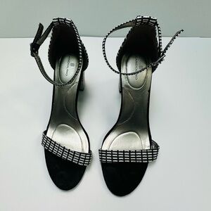 Bandolino Black and Silver Patterned Ankle-Strap Heels
